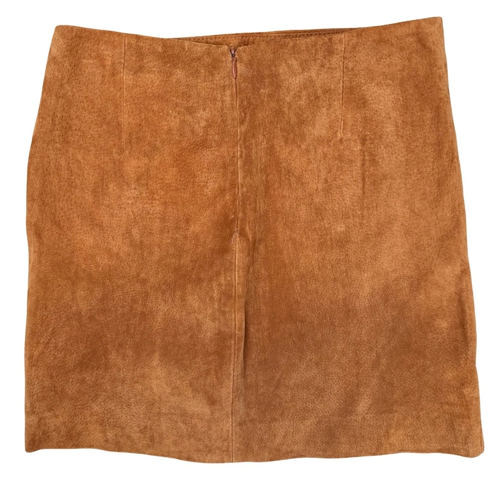 Brown Suede Leather Mini Skirt Buckle Front Y2K Moto Womens 25 - Picture 2 of 7